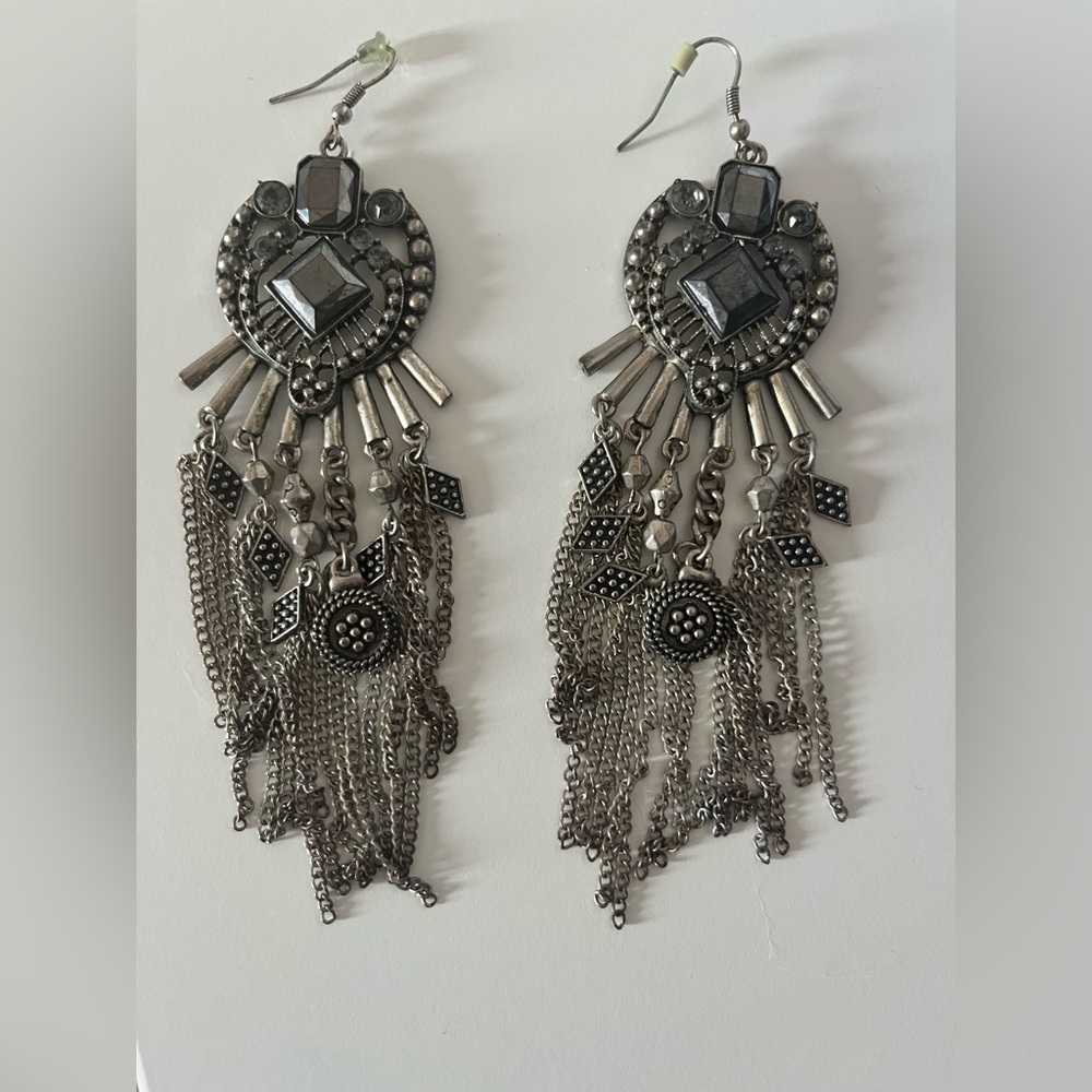 Silver Bohemian Dangle Earrings with Ornate Design